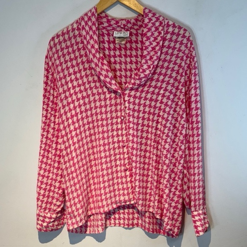 Vintage liptons silk hot pink and cream houndstooth blouse size 14